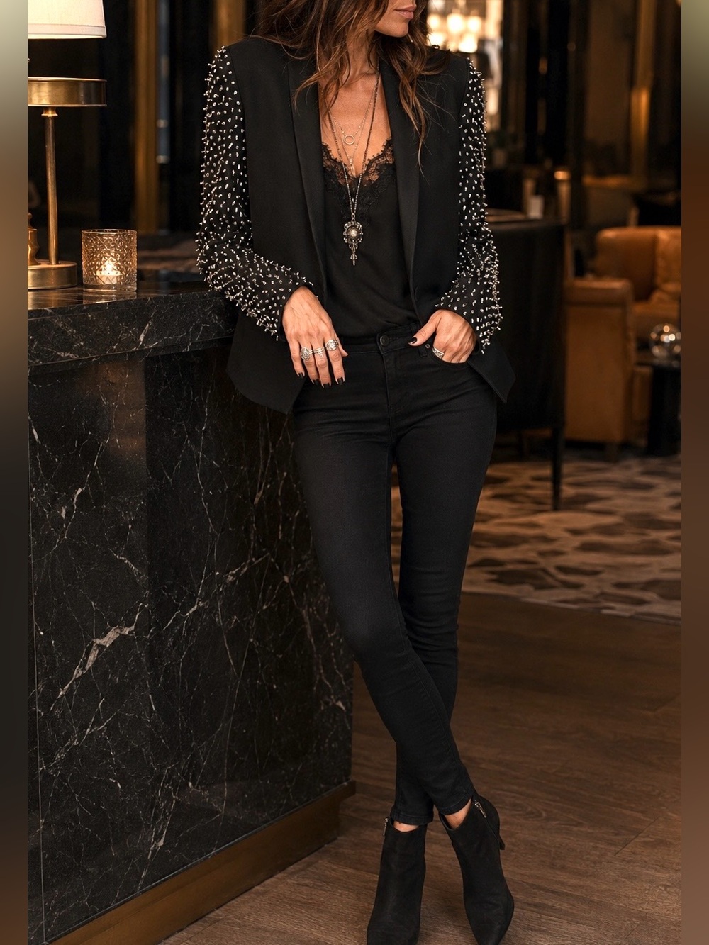 Vintage Black Beaded Sleeve Blazer Goth Glam Rocker Chic Evening Jacket NWT S/M